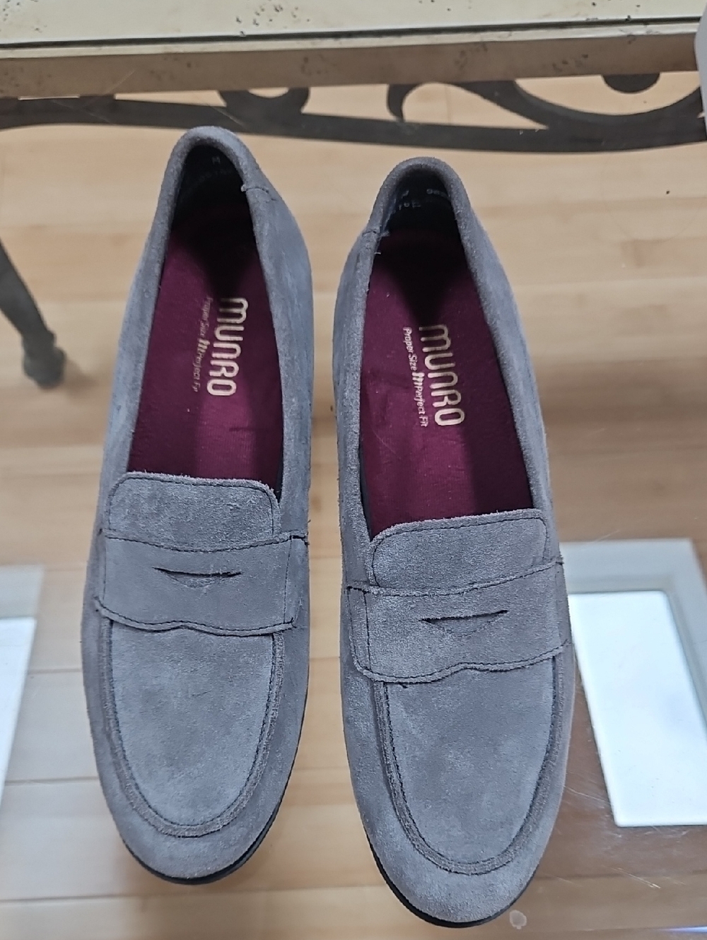 Munro Gray Suede Penny Loafers with Burgundy Insole